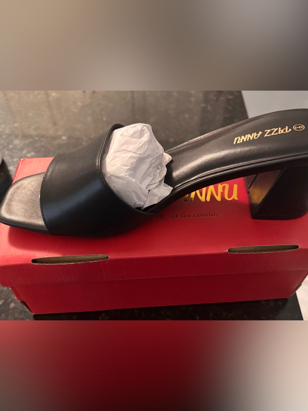 Pizz annu Black Leather-Look Slide Mule with Block Heel